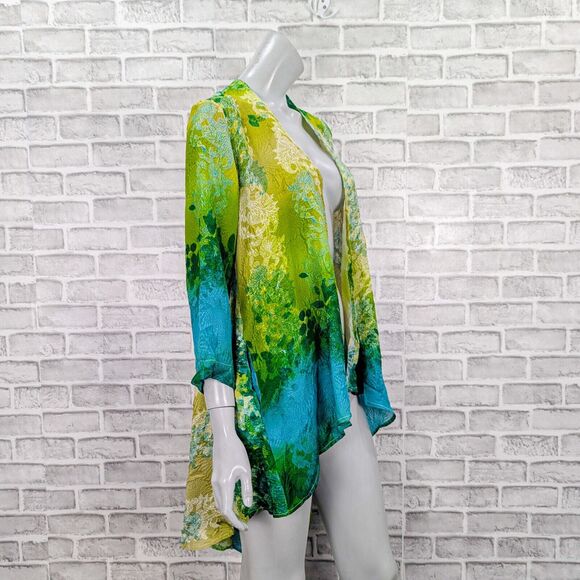 CITRON Santa Monica Women's 100% Silk long Kimono open blouse Green floral sz M - Picture 3 of 8